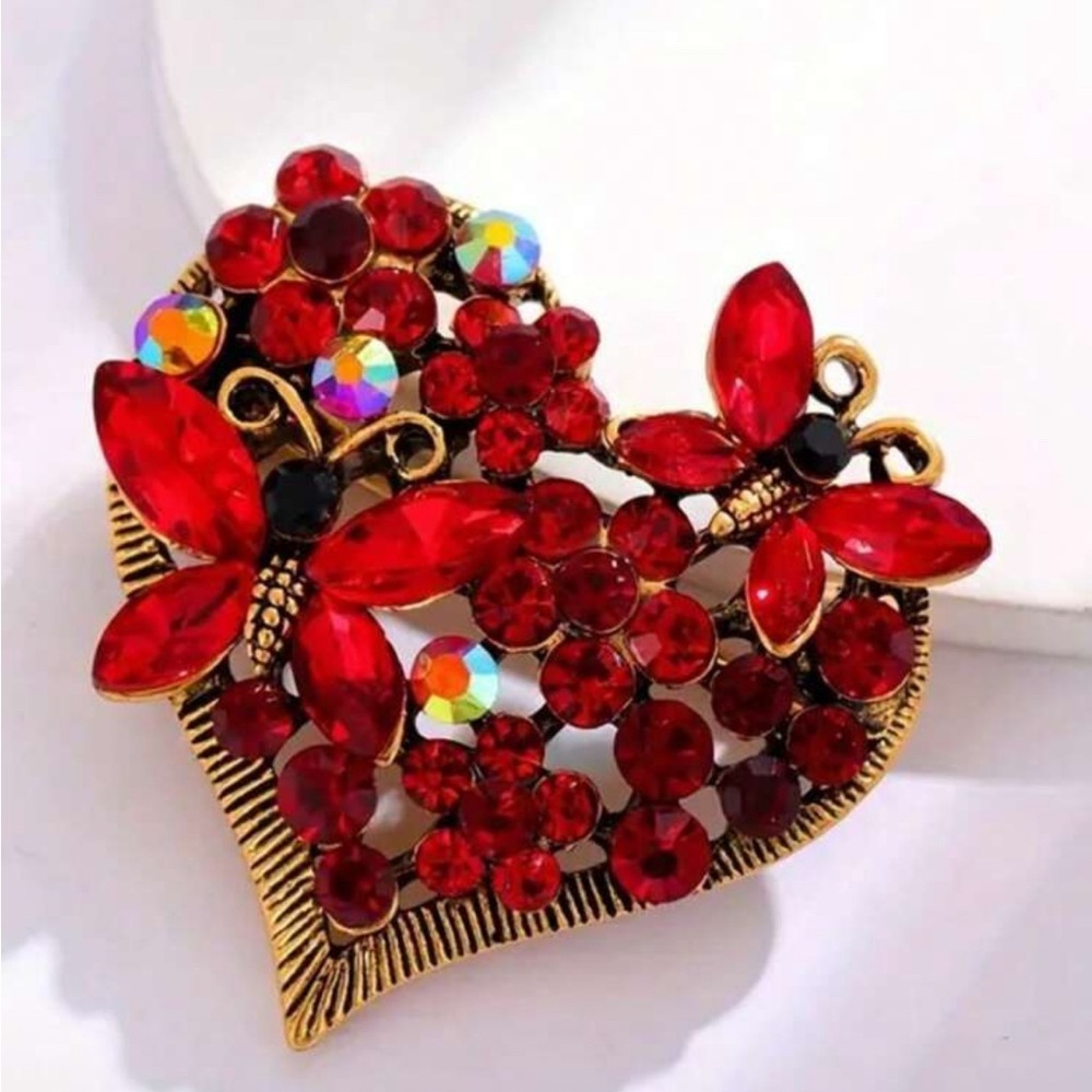 ❤️💎Vibrant Red Crystal Butterfly Heart Brooch